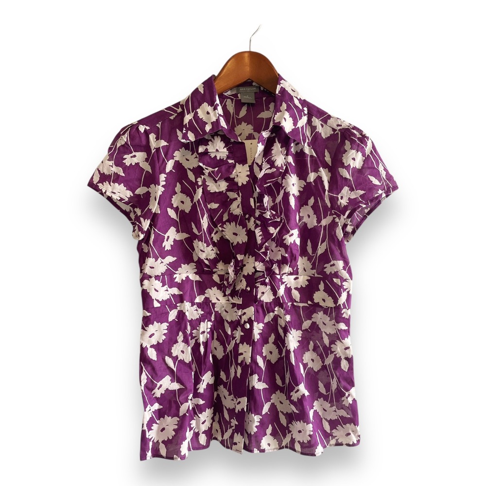 Ann Taylor Purple Floral Ruffle Button‎ Up Blouse Short Sleeve Cotton Top 2 NEW